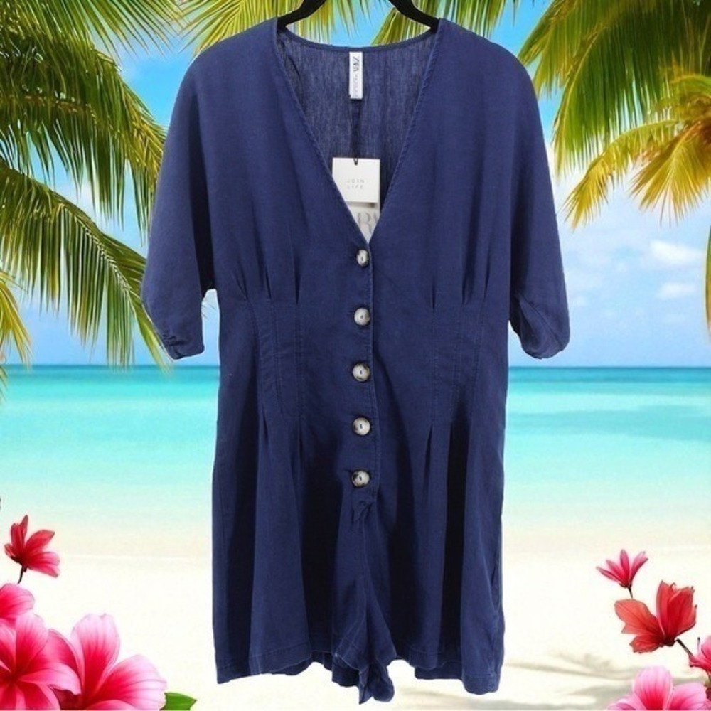 NEW Zara Navy Linen Blend Deep V Short Romper Resort Coastal Vacation Travel M